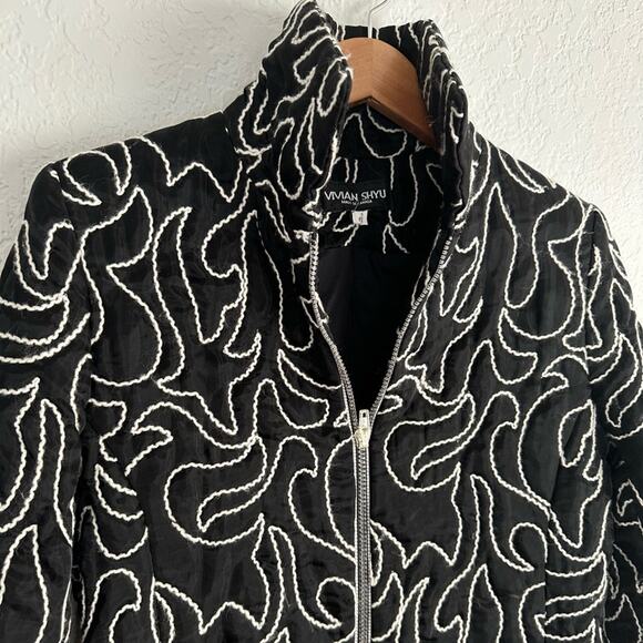 Vivian Shyu Black Embroidered Quilted Full Zip Jacket Blazer Glam Designer - Picture 2 of 9